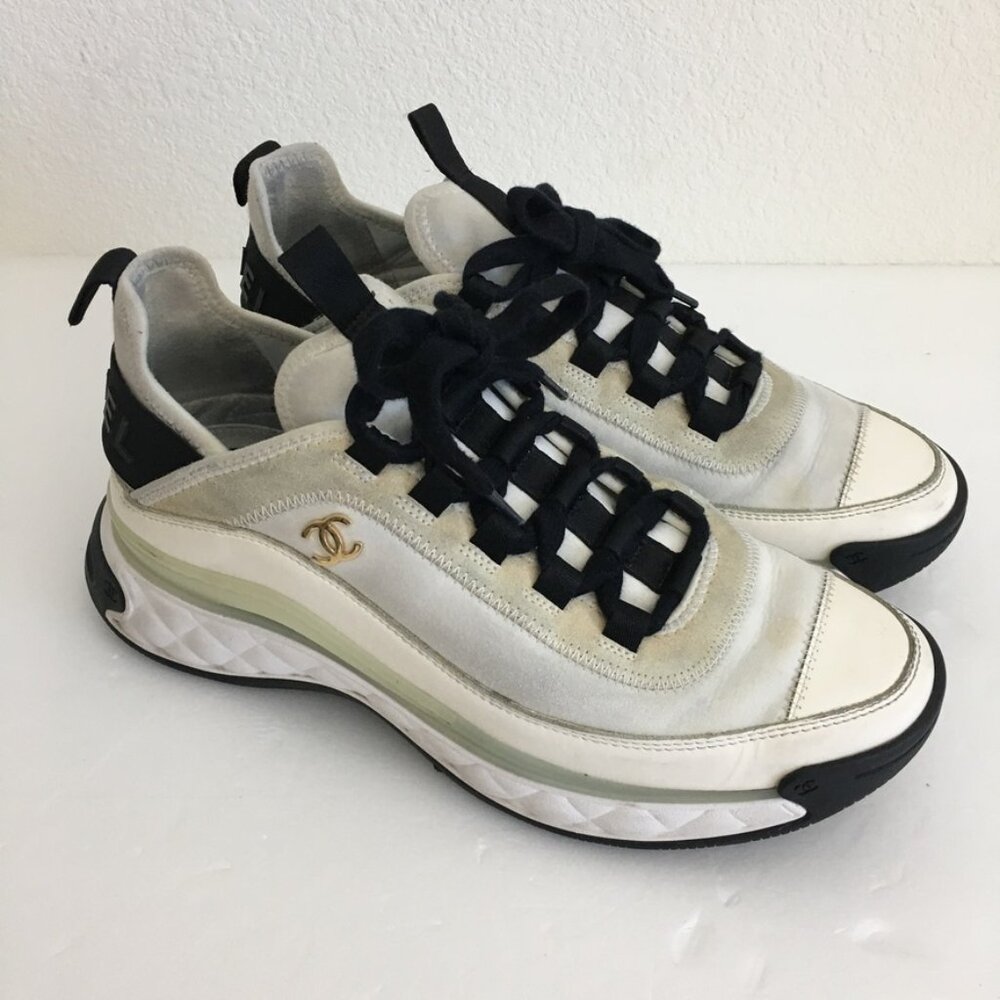 Authentic CHANEL velvet calfskin & mixed leather and mixed fibers sneakers